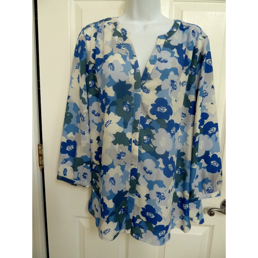 NYDJ Women Large Blue Floral Button Up Blouse Pin Tuck Back 3/4 Sleeve Top